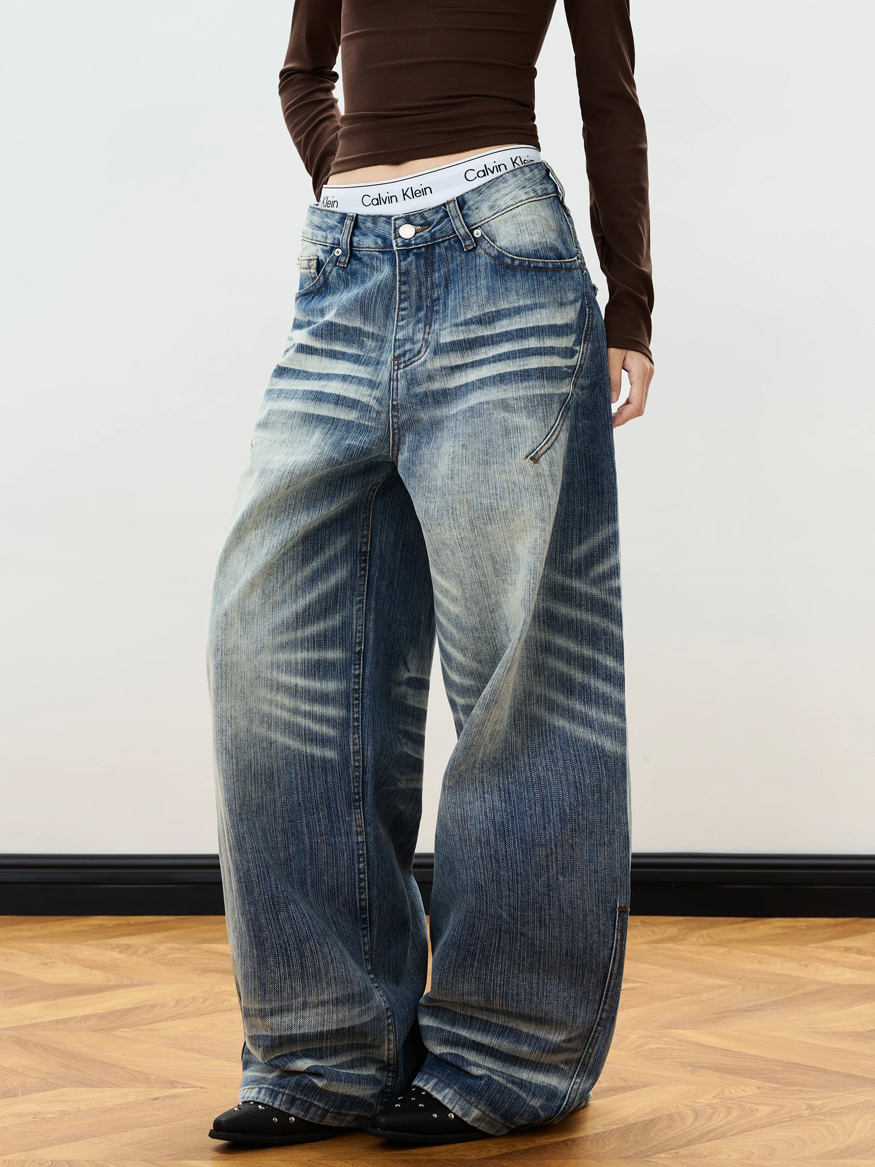 Junecut Heavyweight Washed 3D  Wide Leg Jeans Casual Loose Straight Cut Versatile Pants American Style Natural Waist