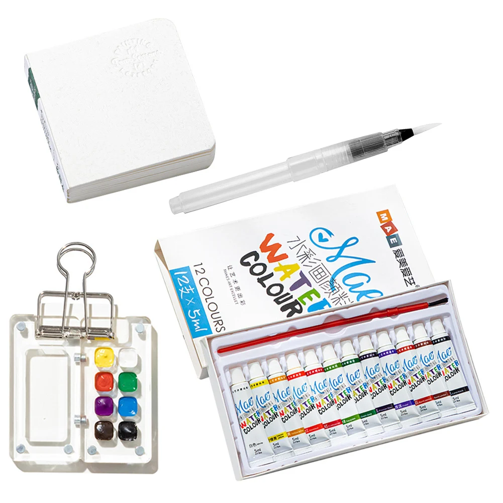 Water Colour Paint Palette Travel Kit Watercolor Sketch Book with Binder Clip Portable Sketchbook Palette Set Watercolor Brush