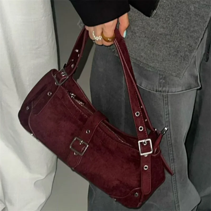 Vintage Rivet Faux Suede Motorcycle Tote Bag for Women,Fashion Hew Buckle Underarm Handbag Simple Casual Single Shoulder Bag Ins