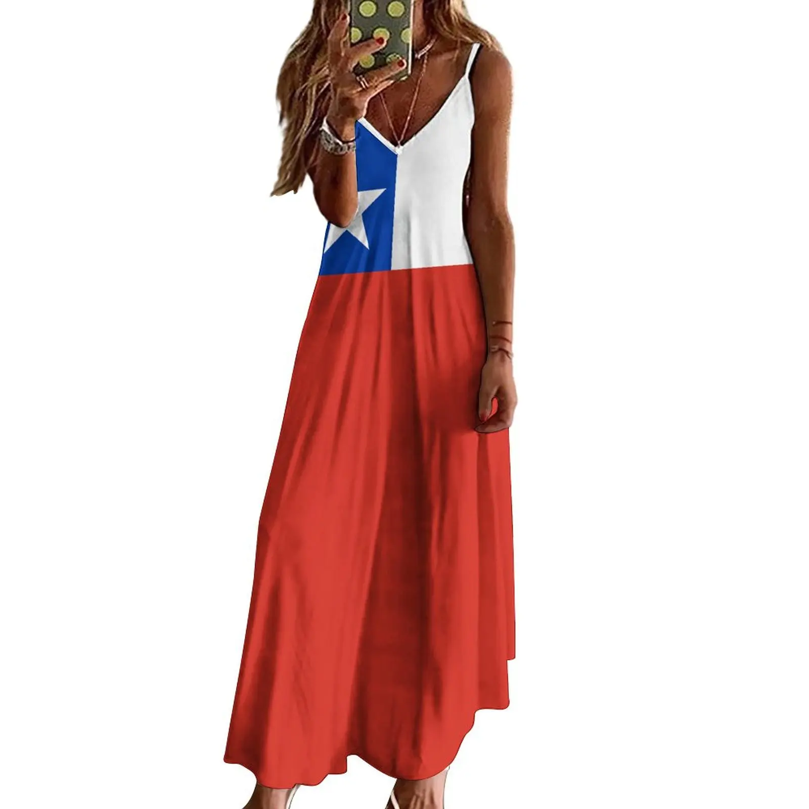 Long Dresses Dress Chile Flag Print New Casual Sleeveless Women\'s V-Neck Printed Dress Swing Retro Dresses