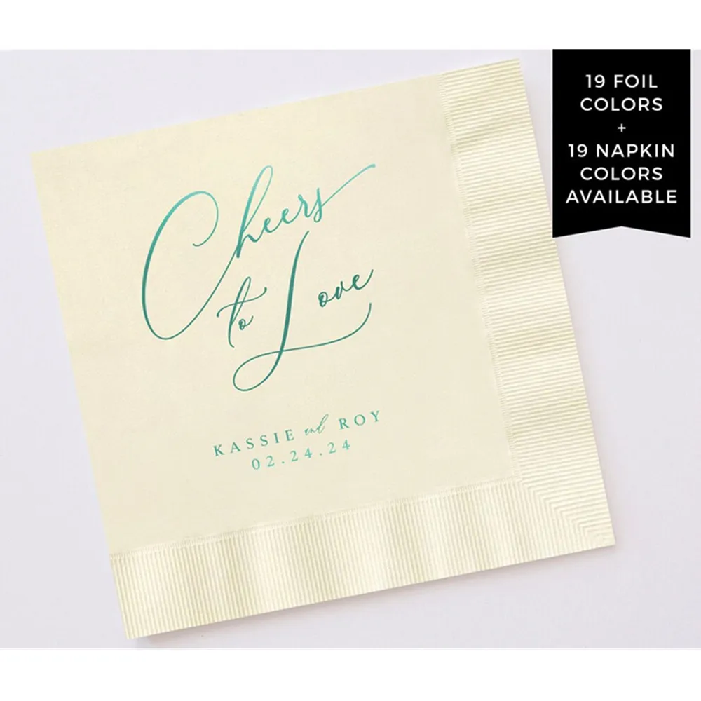 50PCS Cheers to Love Semi-Custom Wedding Napkins with Foil Printing | 19 Napkin Colors Available | Personalized Beverage and Lun