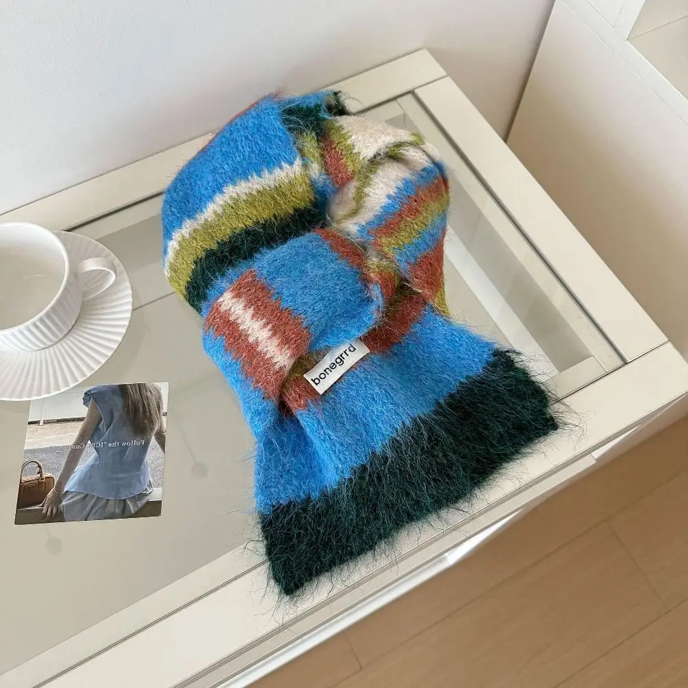 Women Fashion Stripe Woolen Shawl Colorful High End Neck Protection Knitted Scarf Thickened Thermal Cape Wraps