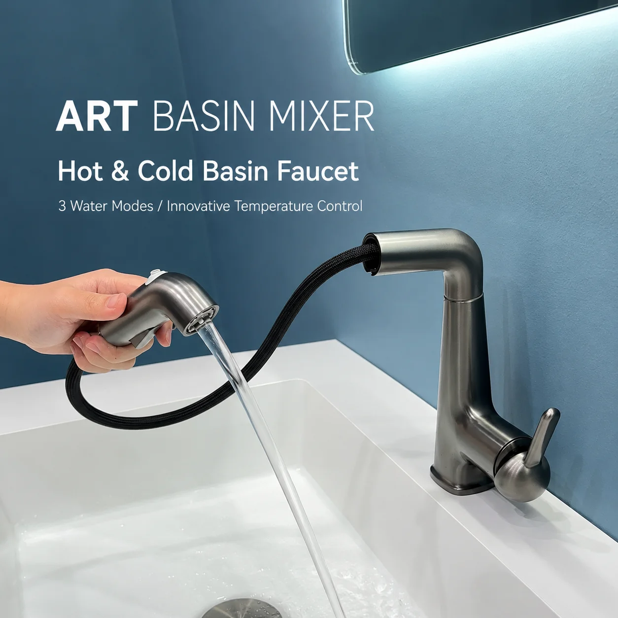 Pull Out Basin Faucet 3 Modes Liftable Hot Cold Bathroom Sink Mixer Tap Gray White Washbasin Faucet