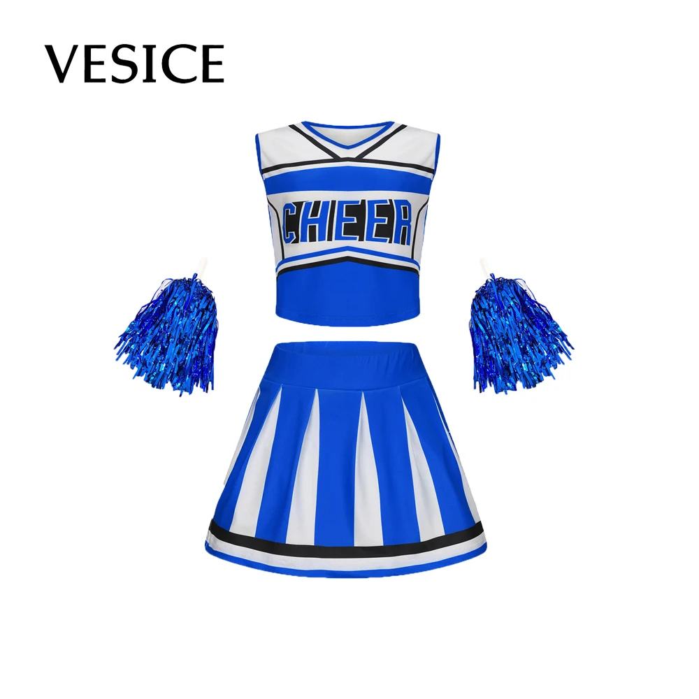 Kids Girls Cheerleading Costume Sleeveless Dress Hand Flower Dance Costume Set Schoolgirl Cheerleading Dance Suit Short Skirt