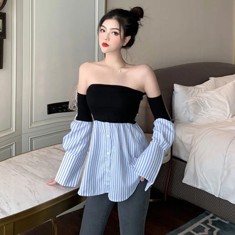 

Slim Shirt For Women Slash Neck Long Sleeve Patchwork Hit Color Single Breasted Pullover Casual Blouse Female Summer New