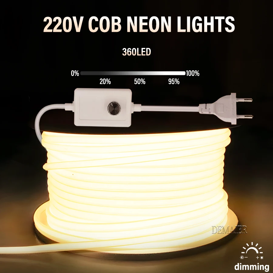 

COB LED Neon Strip Light 220V Power EU Plug Dimmable/Switch RA90 360LEDs/m High Lumen Waterproof Kitchen Closet Backlight