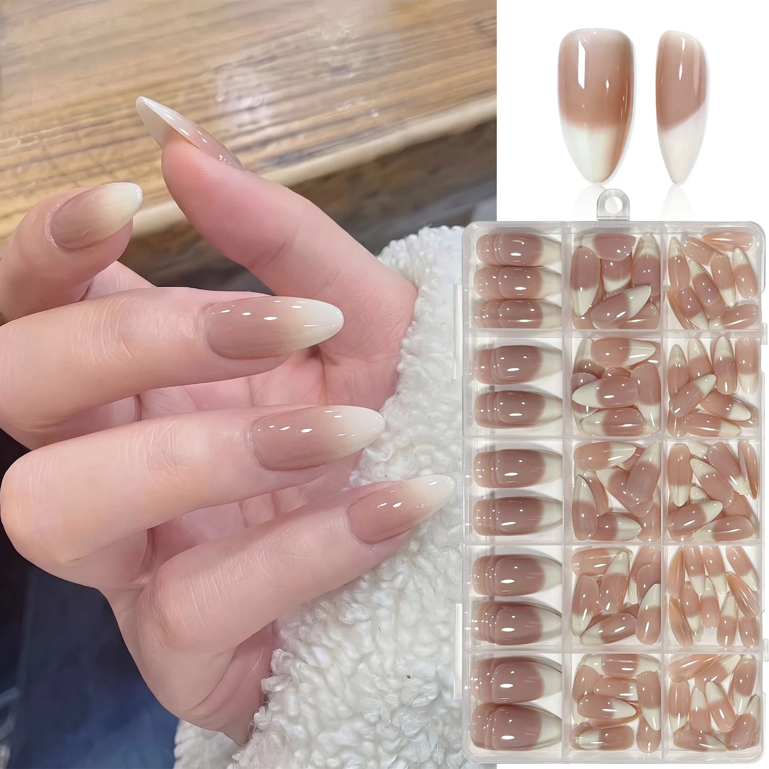150Pcs Cream Nude Gradient Press On Nails French Almond Fake Nails Full Cover False Nail Tips for Bridal Date Daily Simple Nail