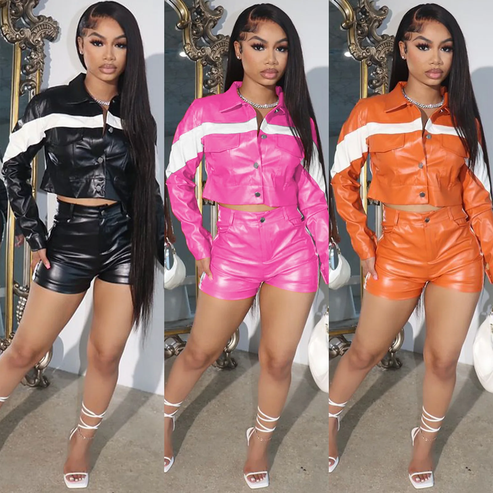 Women Sets Spring Autumn Fashion Color Block Faux Leather Jacket 2 Piece Matching Shorts Set Streetwear Party Women Short Set