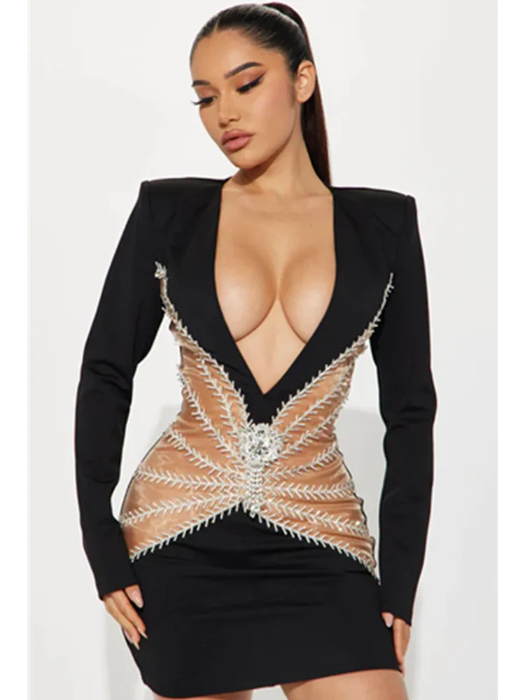 

Women Celebrity Sexy Long Sleeve Patchwork Beading Diamonds Sparkly Black Bandage Dress 2023 Elegant Evening Club Party Dress