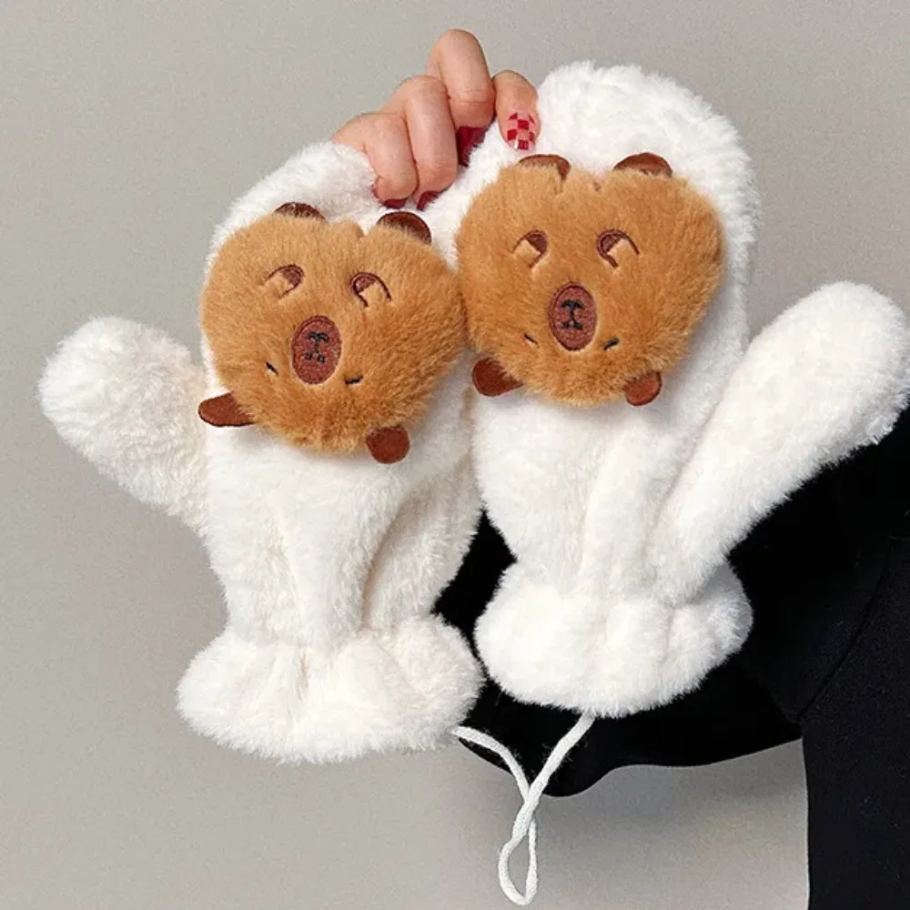 Faux Rabbit Hair Capybara Lanyard Mittens Windproof Ear Cartoon Anti-cold Mittens Furry Warmer Full Finger Gloves Outdoor