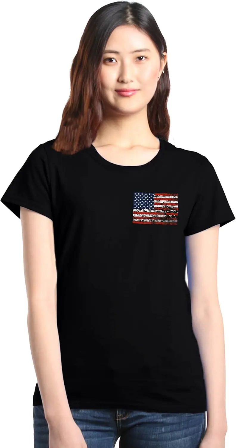 shop4ever Distressed American Flag Pocket Size USA Patriotic 4th of July Women's T-Shirt