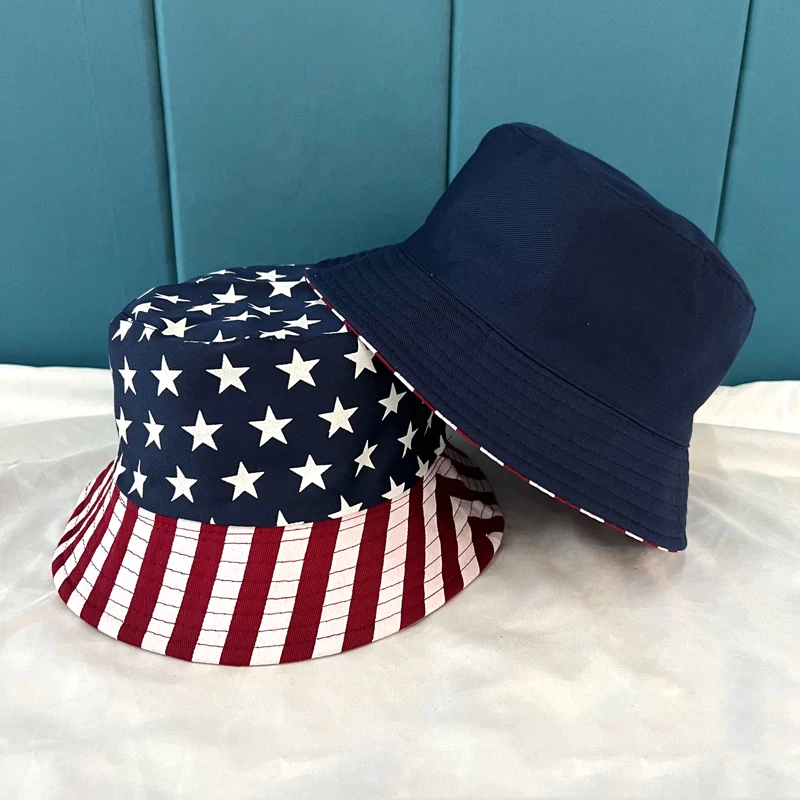 

2024 USA Stars Flag Bucket Hat Cotton Women Summer Sun Protection Panama Caps Hiphop Boys Man Fishing Caps Fisherman Bob Hat