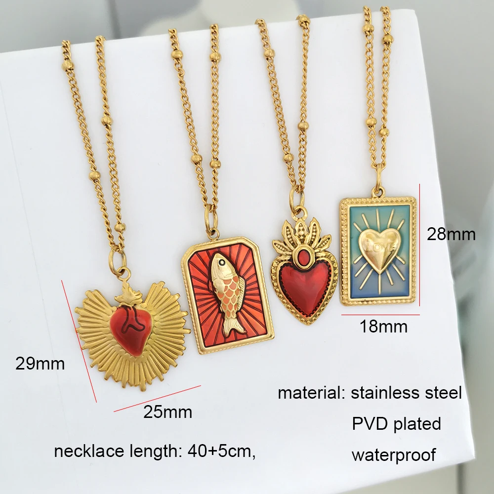 QMHJE Big Pendant Necklace Stainless Steel Enamel Evil Eye Red Heart Beads Chain Choker Crystal Gold Color Waterproof Wholesale