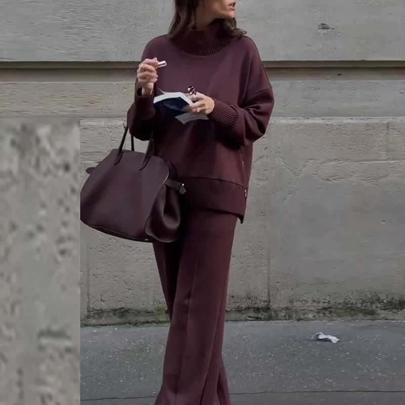 

Vintage Autumn Winter Clothing New Warm Sweater Solid Wide Leg Trousers Lazy Two Piece Women Suit Casual Knitted Long Pant Sets