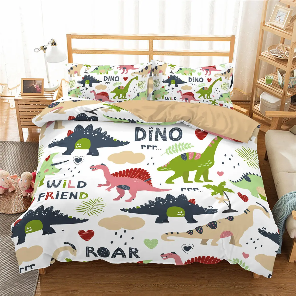 Cute Dinosaur Duvet Cover Kids 3D Cartoon Animal Bedding Set Full/Queen Microfiber Quilt Cover For Boy Girl Child Bedroom Decor