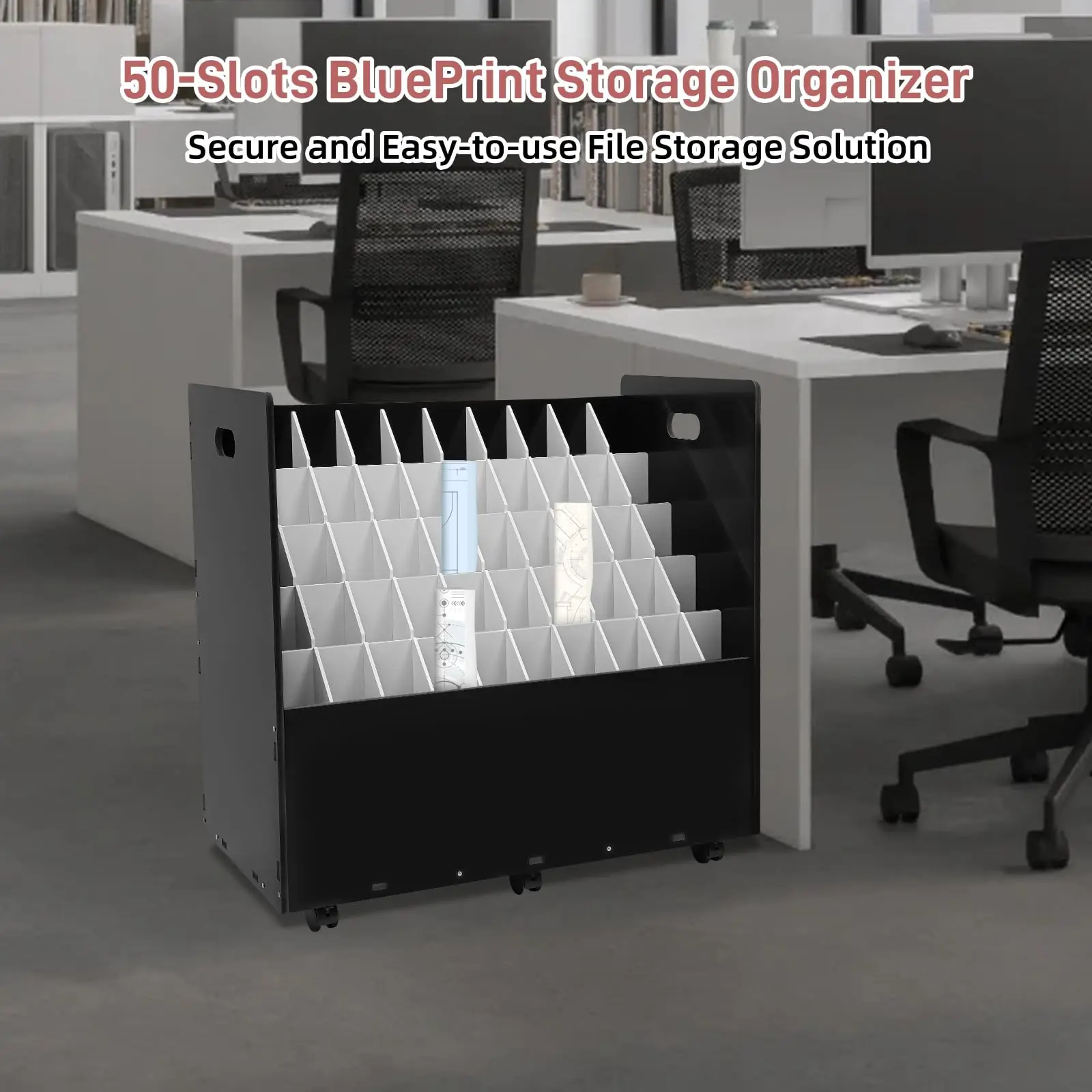 منظم تخزين الطباعة الزرقاء، منظم الملفات الملفوف 50 فتحة، عربة تخزين الملفات المتحركة، حامل المستندات الملفوفة للمكتب والمنزل،