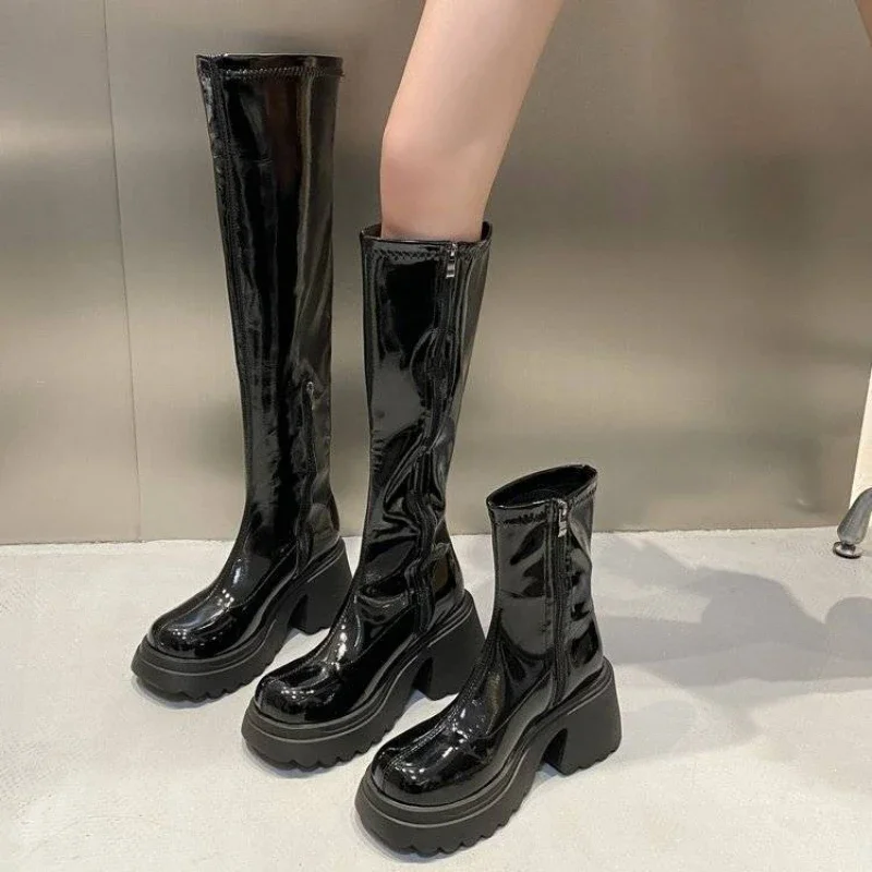 British Style Plus Size Women's 35-42 Chunky Heel Designer Cosplay Rider Over The Knee Boots Glossy Platform Trendy Versatile