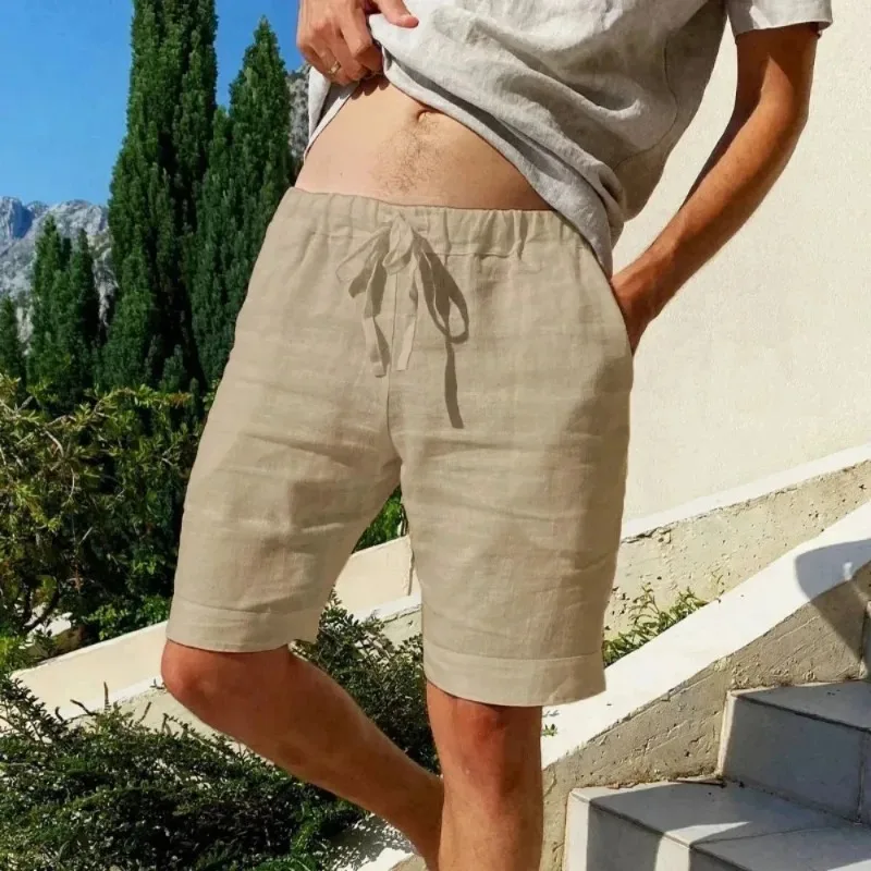 

Summer New Men's Cotton Linen Breathable Shorts Hawaii Beach Pants Male Solid Color Trousers Loose Versatile Streetwear