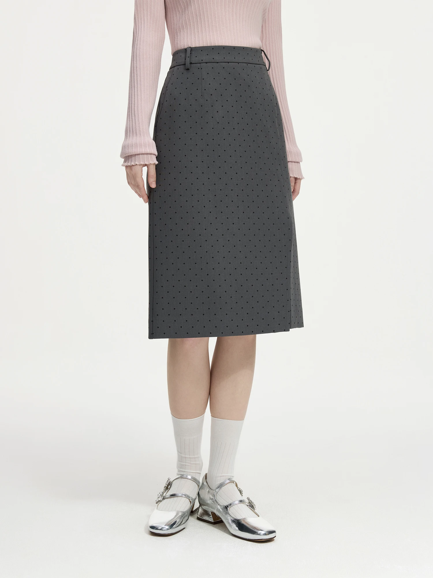 FSLE Women Grey Dot Skirts High Waist Knee-Length A-LINE Skirt Slit Design Asymmetric Female Winter Commuter Skirt 24FS14554