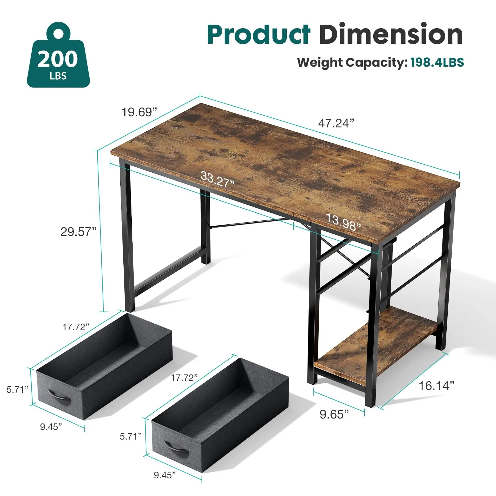 JHK 47IN Computer Desk with 2 Drawers For Study Office Gaming Wood Table with Adjustable Position