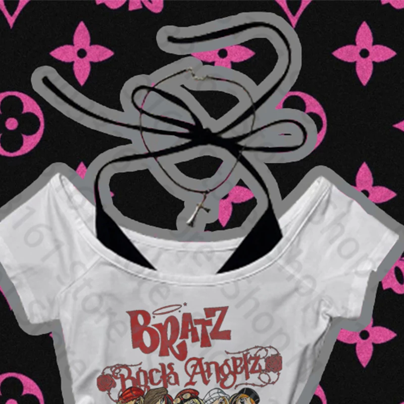 American Vintage Fake Two Piece Halter Lace Up T-shirts Y2k short sleeved T-shirt Women Off Shoulder Tee summer sweet girl