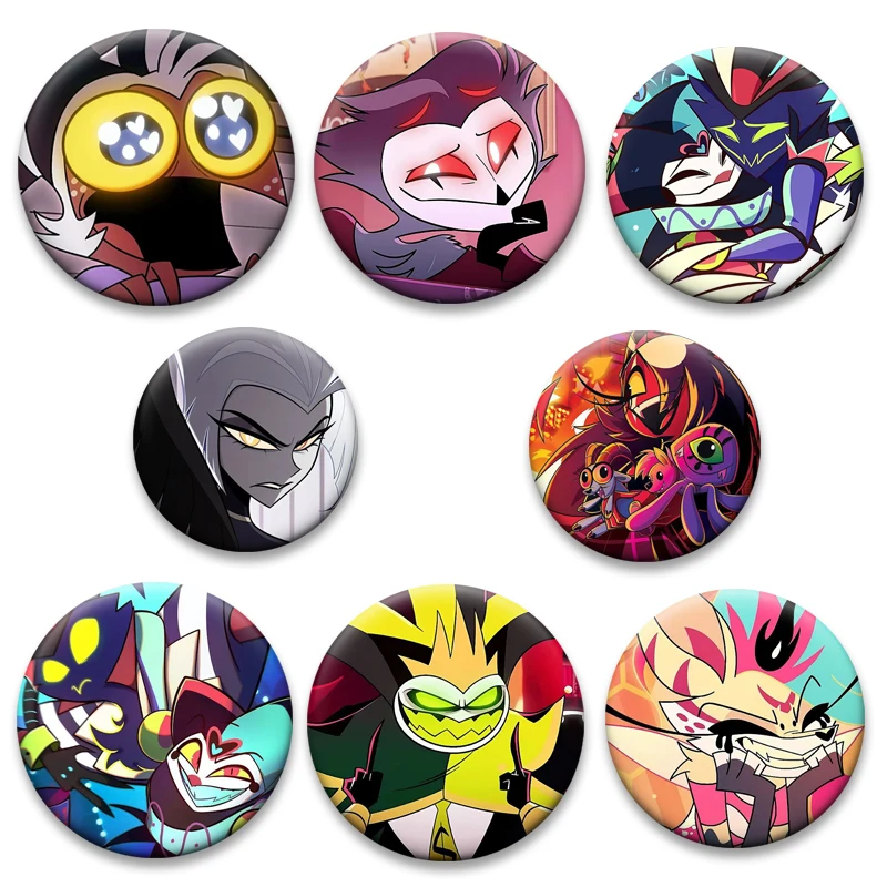 Insignia de Anime Helluva Boss, alfileres de hojalata de animación de comedia Musical, broches redondos de dibujos animados, accesorios para mochila, regalos hechos a mano