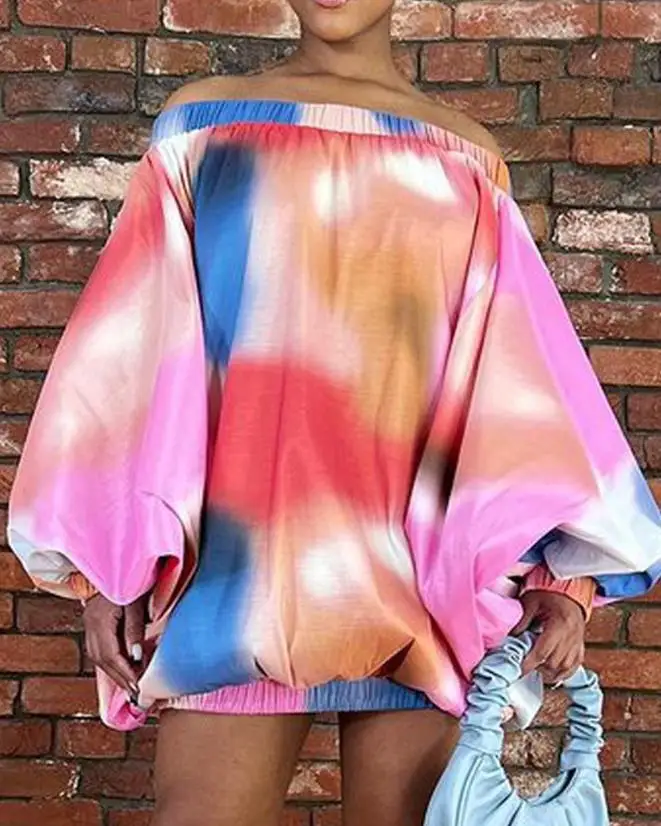 

Women's fashionable sweet dress 2024 summer new tie dye printed lantern sleeve off shoulder casual long sleeved dress