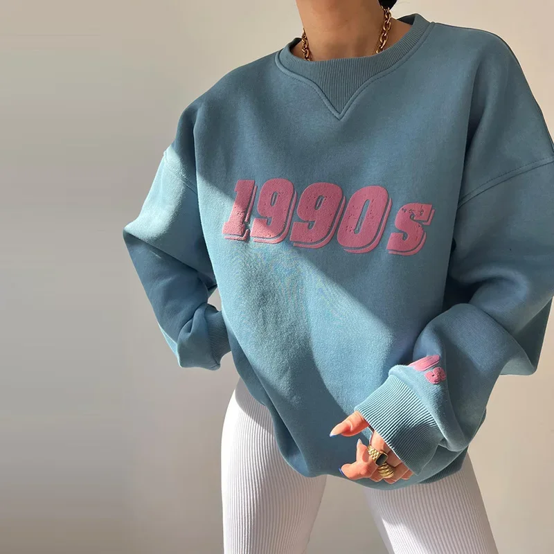 Sudadera informal holgada Retro para mujer, Top de manga larga con estampado Digital en contraste, hombros caídos