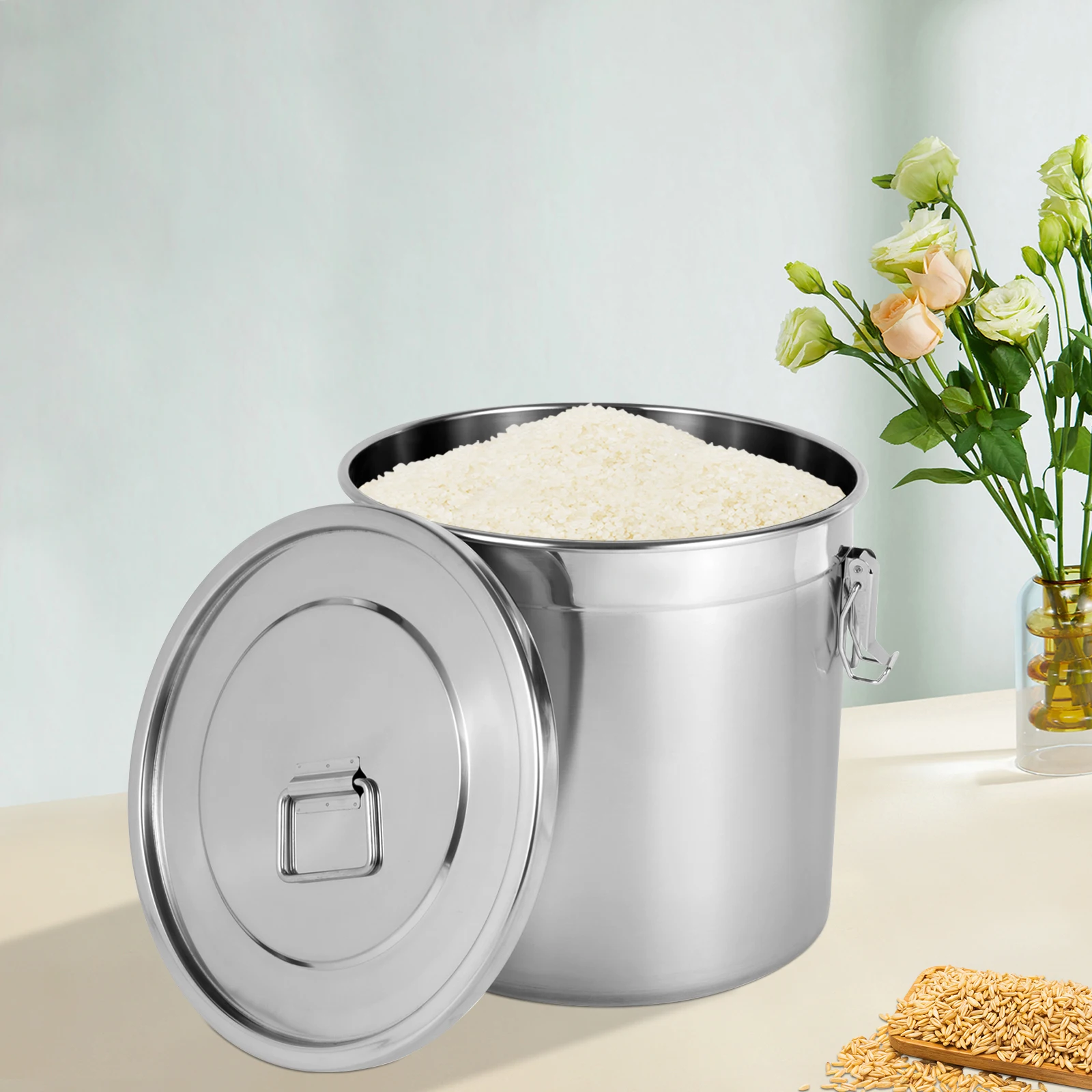 

Stainless Steel Anti-corrosion Storage Bucket Stainless Steel Airtight Canister Double Sealing Protection 21L Rice Container