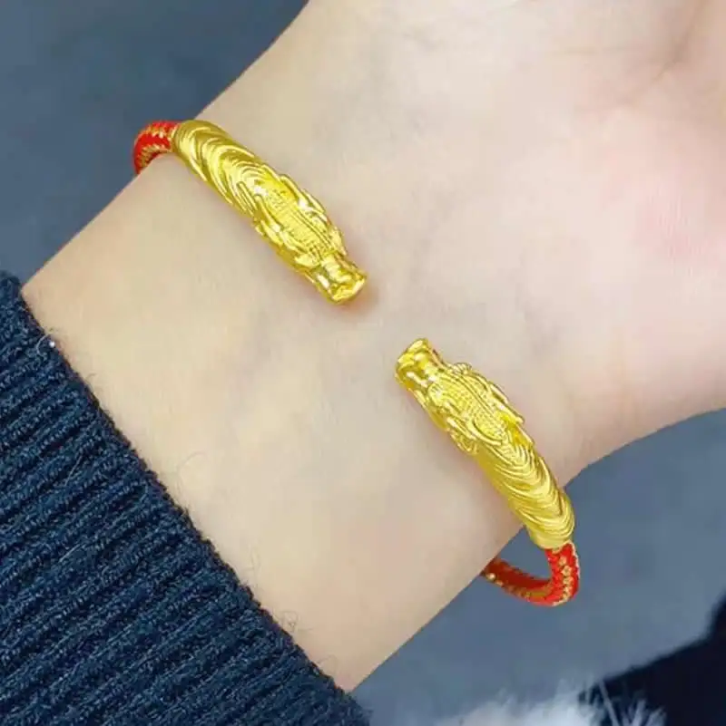 Pure 24K Yellow Gold Bracelet 999 Gold 5D Loong Head Bracelet