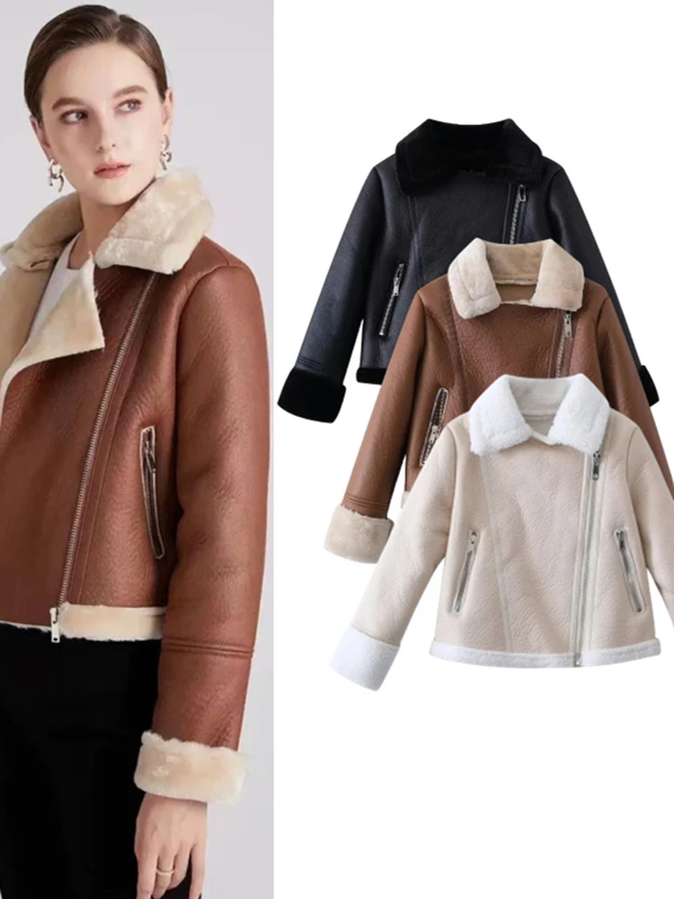 Manteau d'hiver en cuir chaud pour femme, doublure en fausse fourrure, Biker Sle Jaet, Street Faion, matériau intérieur, pas en cuir