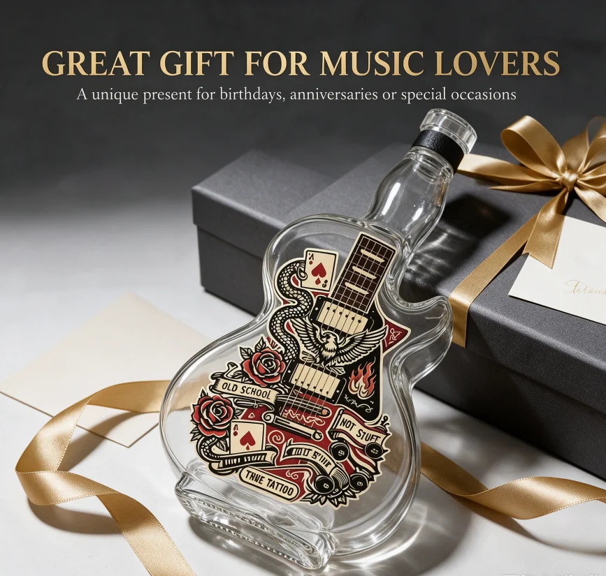 Rock Tattoo Art Guitar Shape Glass Whiskey Decanter Empty Alcohol Bottle Barware For Tabletop Wine Cabinet Decoration