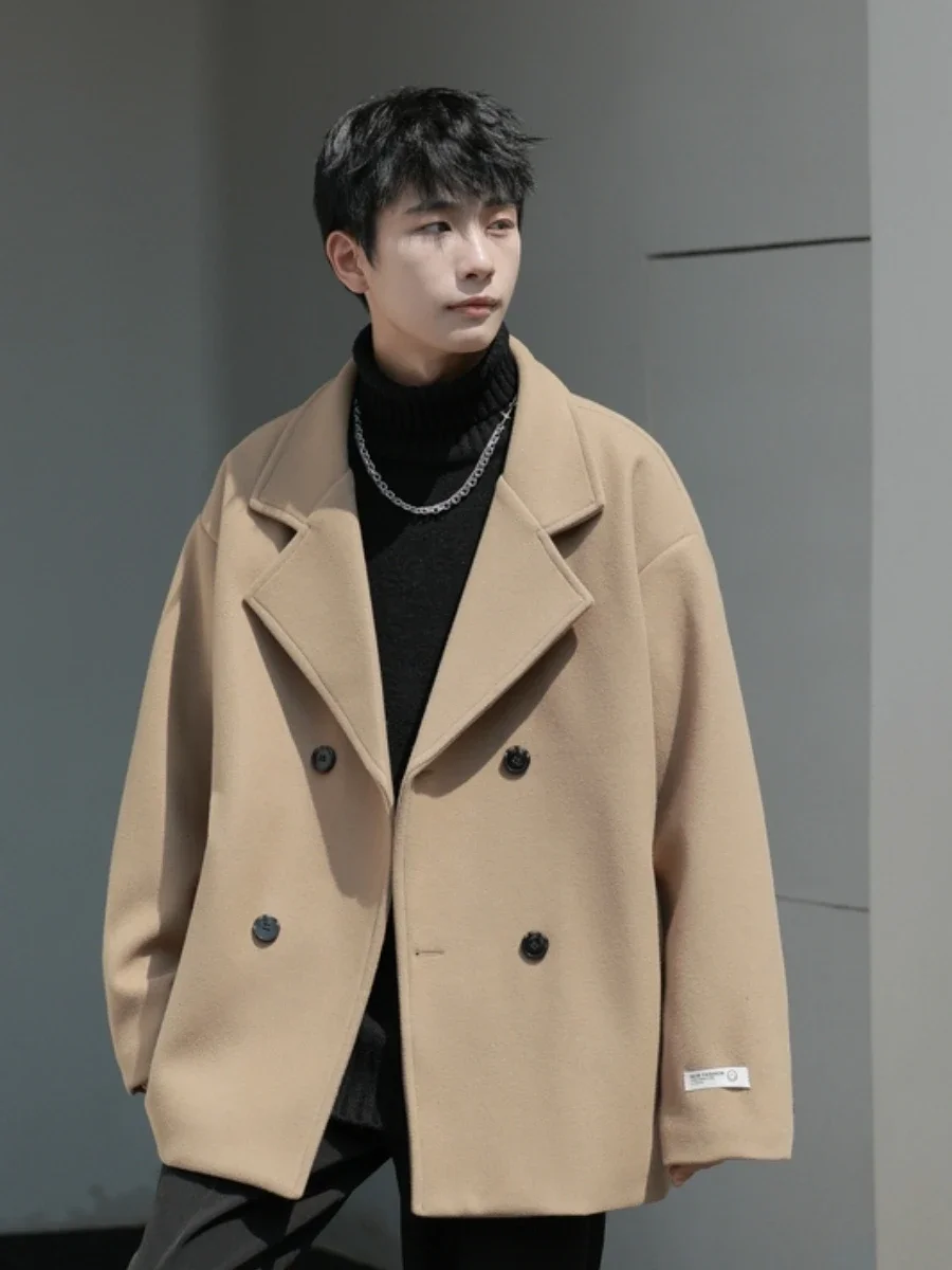 New Winter Thicken Warm Woolen Coat Men Casual  Double Breasted Short Coat Men Korean Fashion Loose Oversized Mens Overcoat