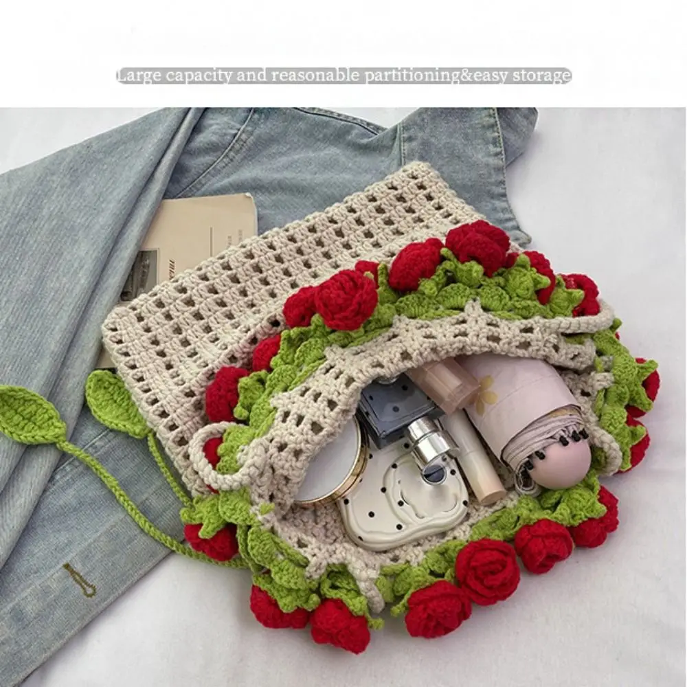 보헤미안 로즈 부케 위브 백 크로셰 뜨개질 꽃무늬 숄더백 로맨틱 코튼 로프 로즈 비치 버킷백