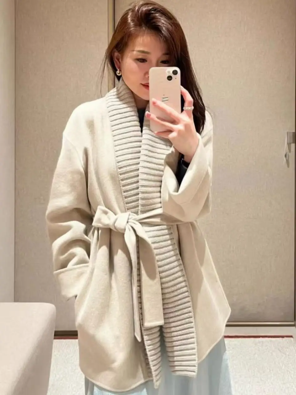 Premium Oatmeal Camel Black Cashmere Coat Women Wool Ribbed Knit Shawl Collar Self Tie Belt Midi Fall Winter Casual Outerwear