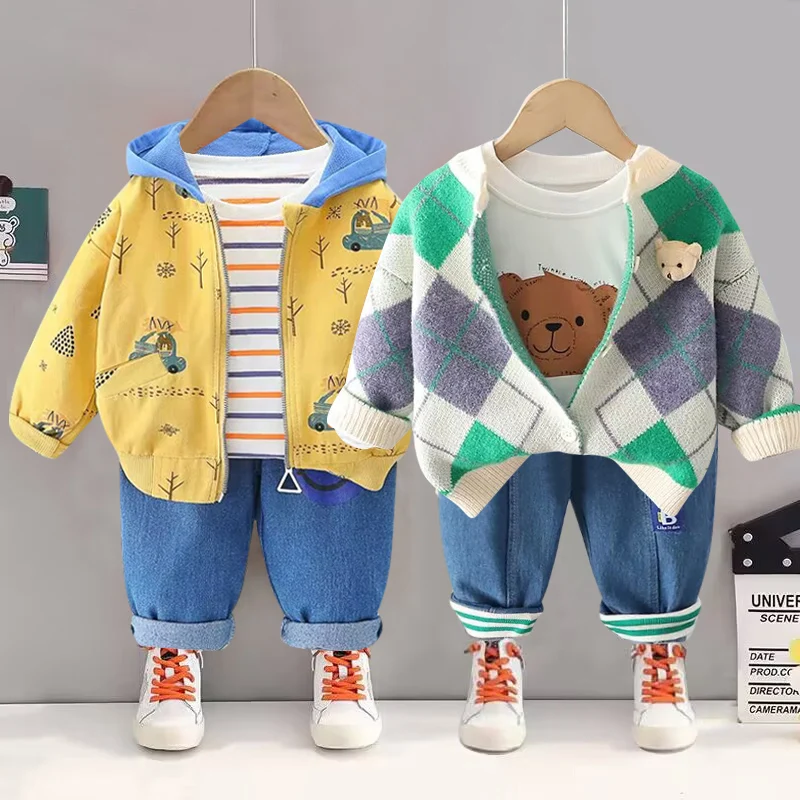 Girls clothes spring and autumn baby suit cartoon bear long-sleeved sweatshirt boys and girls plaid vest pullover 3Pcs