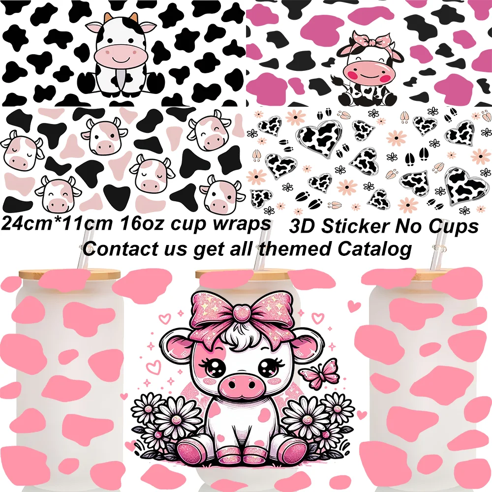 New Dairy Baby Cow Pattern 3D UV DTF Cup Wrap Fits 16oz Libbey Glasses Waterproof DIY Durable 3D Transfer Sticker Cup Wraps