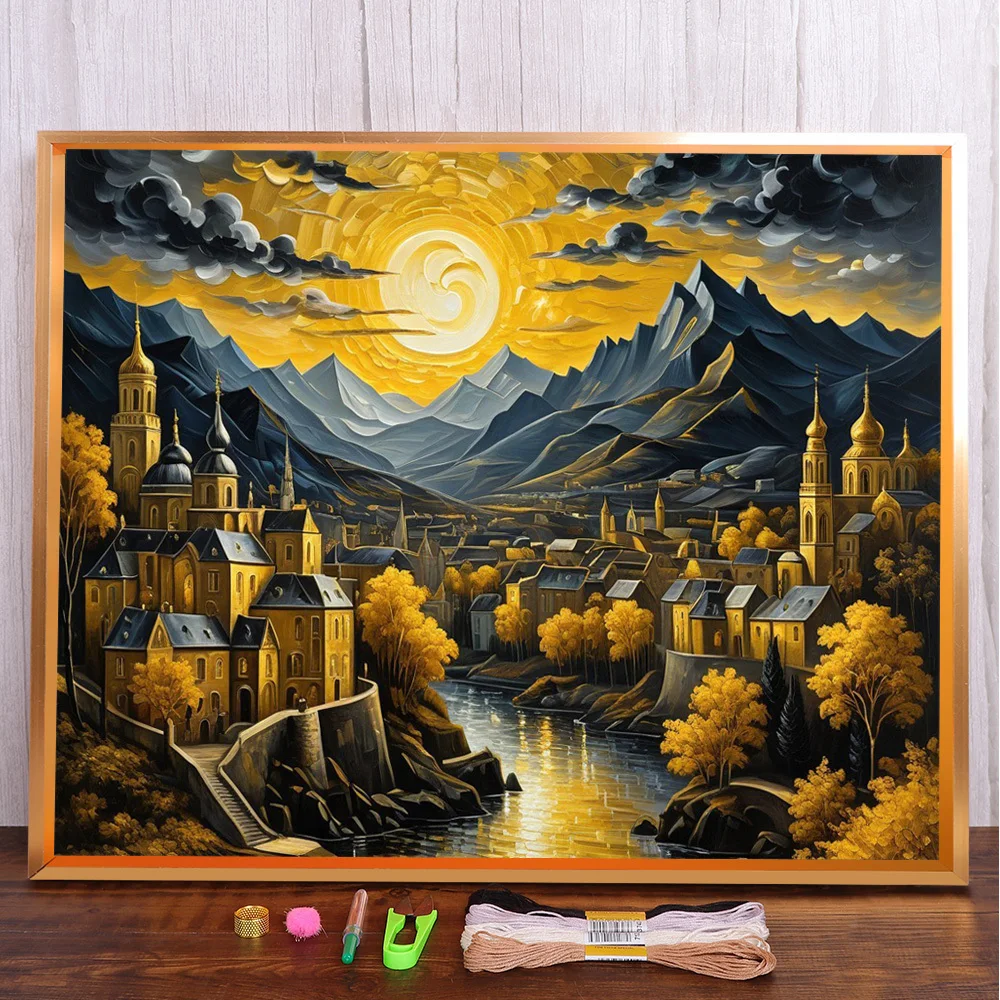 

Landscape Golden Town Printed Canvas Cross Stitch Embroidery Full Kit Hobby Painting Sewing Handicraft Sales Room Decor Jewelry