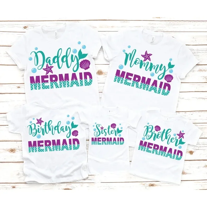 

Mermaid Design Family Tshirts Girls Birthday Party Clothes Cute Family Outfit Set White Daddy Mommy Sister Brother T-shirt