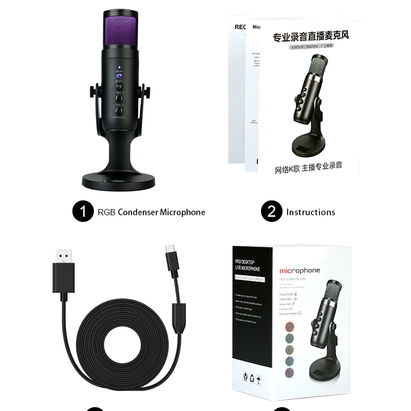 Mikrofon USB profesional, Mic kondensor profesional untuk PC komputer Laptop rekaman Studio Game Streaming Mikrofon siaran langsung