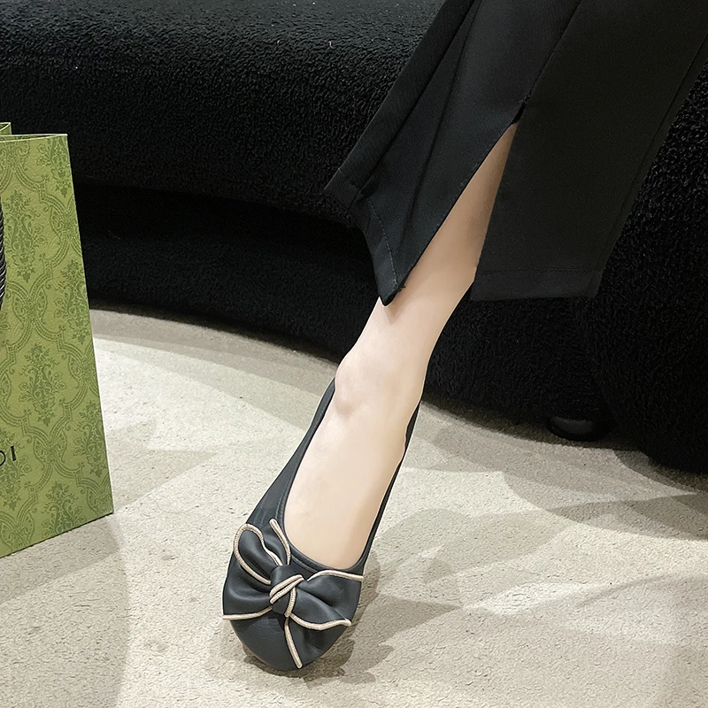 Preciosos zapatos planos dulces para mujer, zapatos informales sin cordones con punta redonda para mujer, zapatos planos con plataforma con nudo de mariposa sólido de talla grande