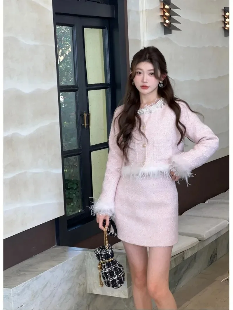 Sweet Plush Patchwork Coat Skirt Two-piece Set Women Korean Round Neck Bead Sequined Celebrity Temperamnet Solid Slim Fall Suit