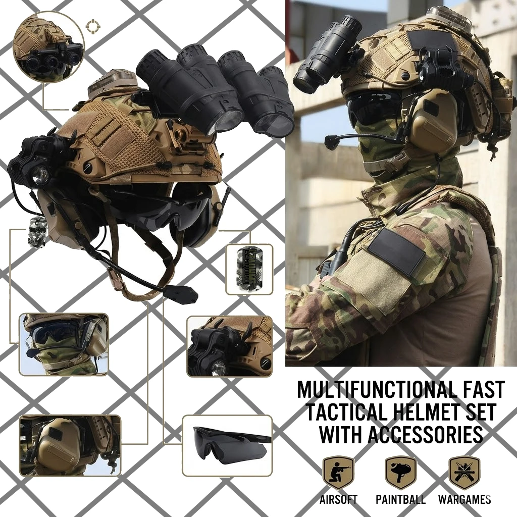 

Tactical Fast Helmet Set with GPNVG-18 NVG Model, Comtac Headset, Flashlight & Signal Light for Airsoft Paintball Wargames