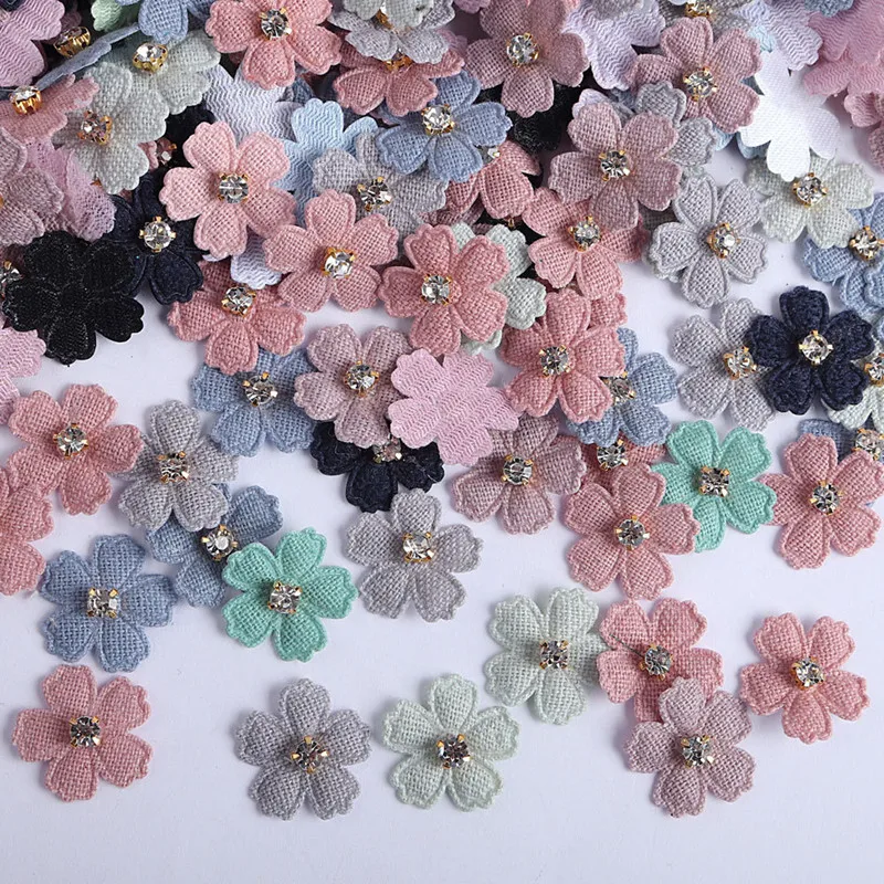 100Pcs 22mm Fabric Flower With Rhinestone Appliques For Clothes Hat Sewing Patches DIY Headwear Hair Clips Bow Decor Accessories