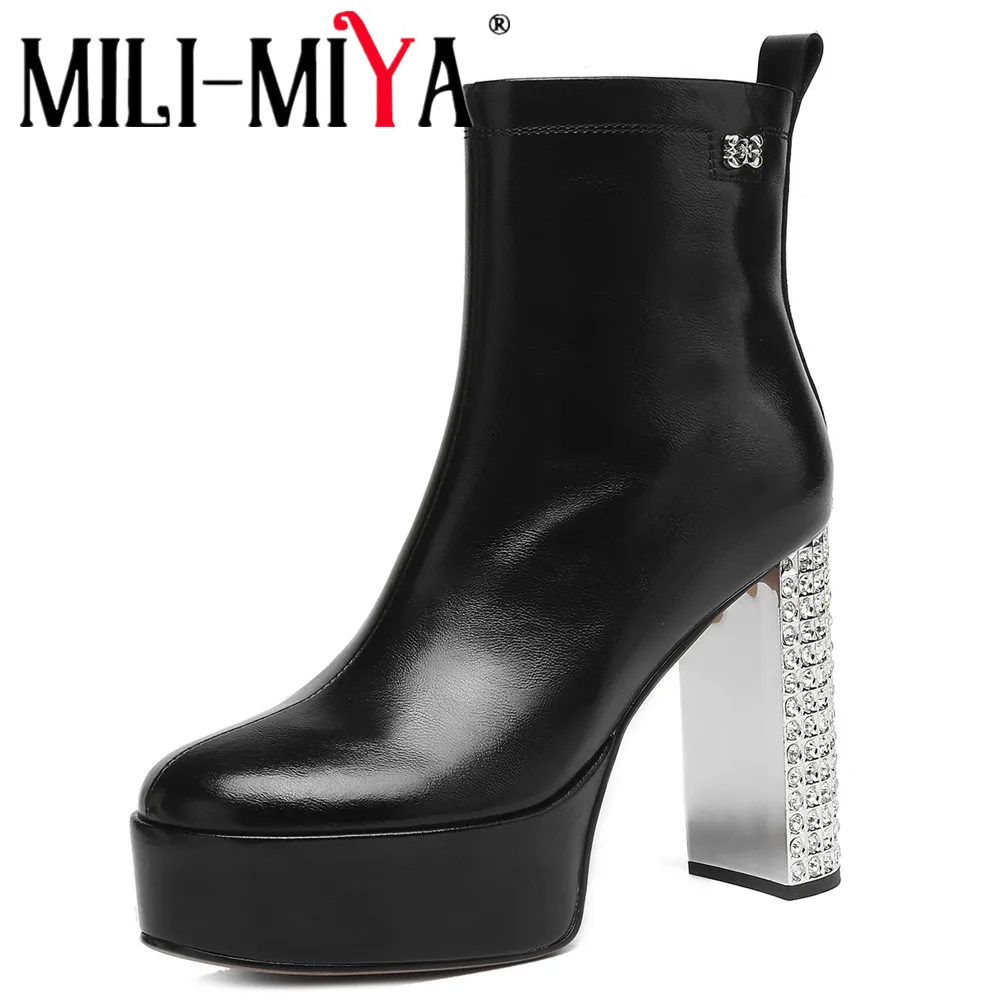 MILI-MIYA Women's Cow Leather Round-Toe Ankle Boots Crystal-Studded Ultra-High Chunky Heel Platform Fashion Boots Extra Large