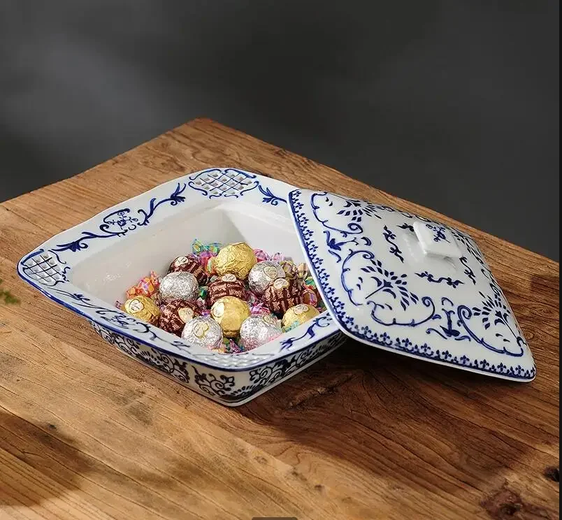 

Blue and White Porcelain Plate Ceramic Fruit Plates Snack Tray Square Oval Dried Box Salad Bowl Dinner