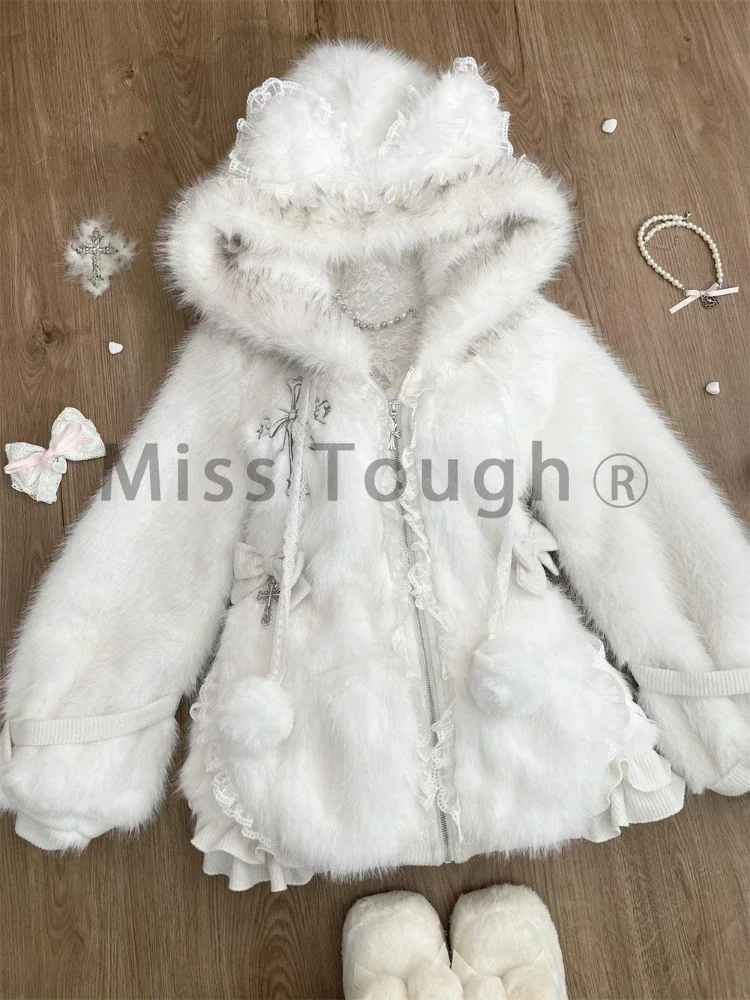 Winter Sweet Plush Warm Hooded Sweet Coat New Japanese Fashion Princess White Cute Zipper Jacket Designer Slim Harajuku Clothing