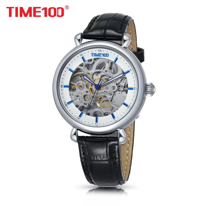 TIME100 Women Mechanical Skeleton Watches Hollow Out Automatic Self-wind Brown Black Genuine Leather Watch women Casual Watches