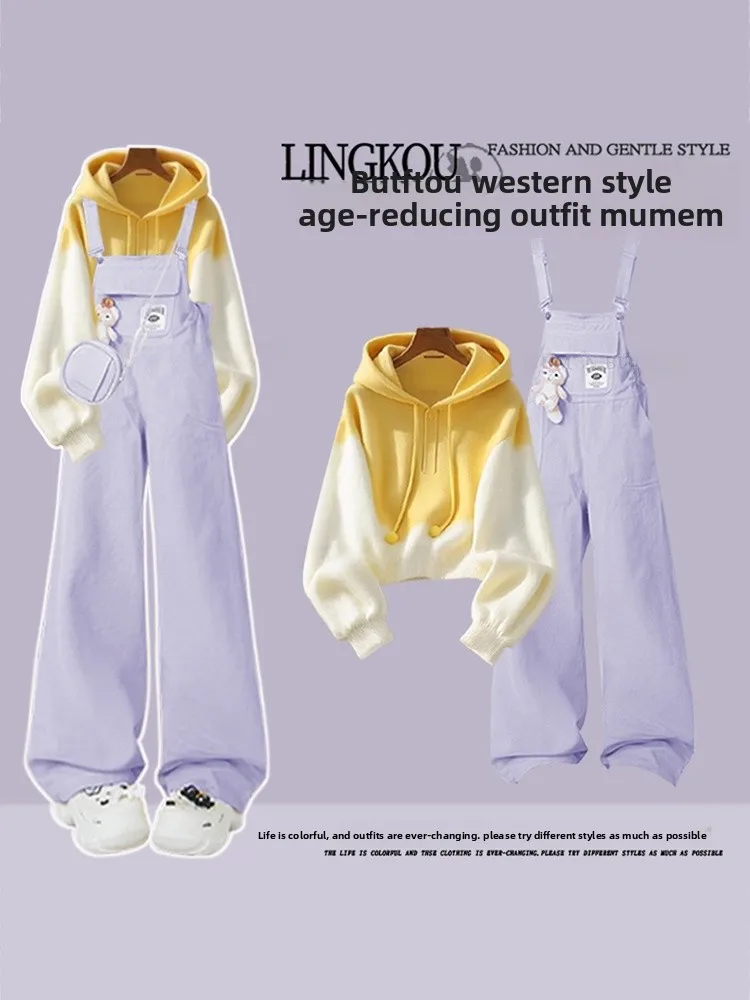 

Soft Style plus Size Autumn Set Women's Youthful Denim Overalls with Hood Two-Piece Suit Casual Loose Fit Vintage Inspired