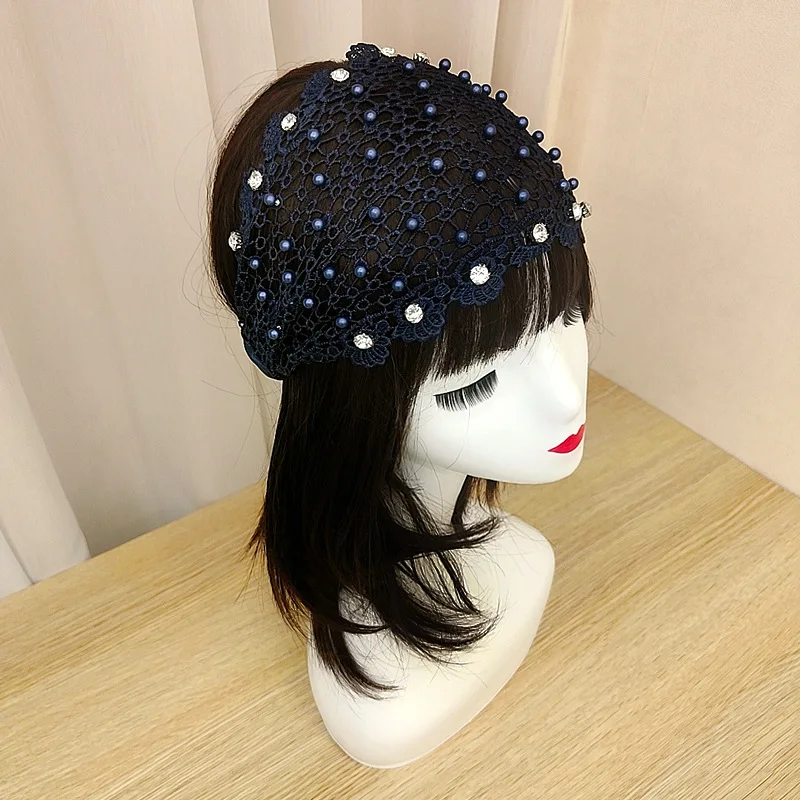 Elegant Floral Lace Bead Headband Polyester Hollow Headband with Elastic Bands Dress Up Hair Accessory Set Pattern Solid Color